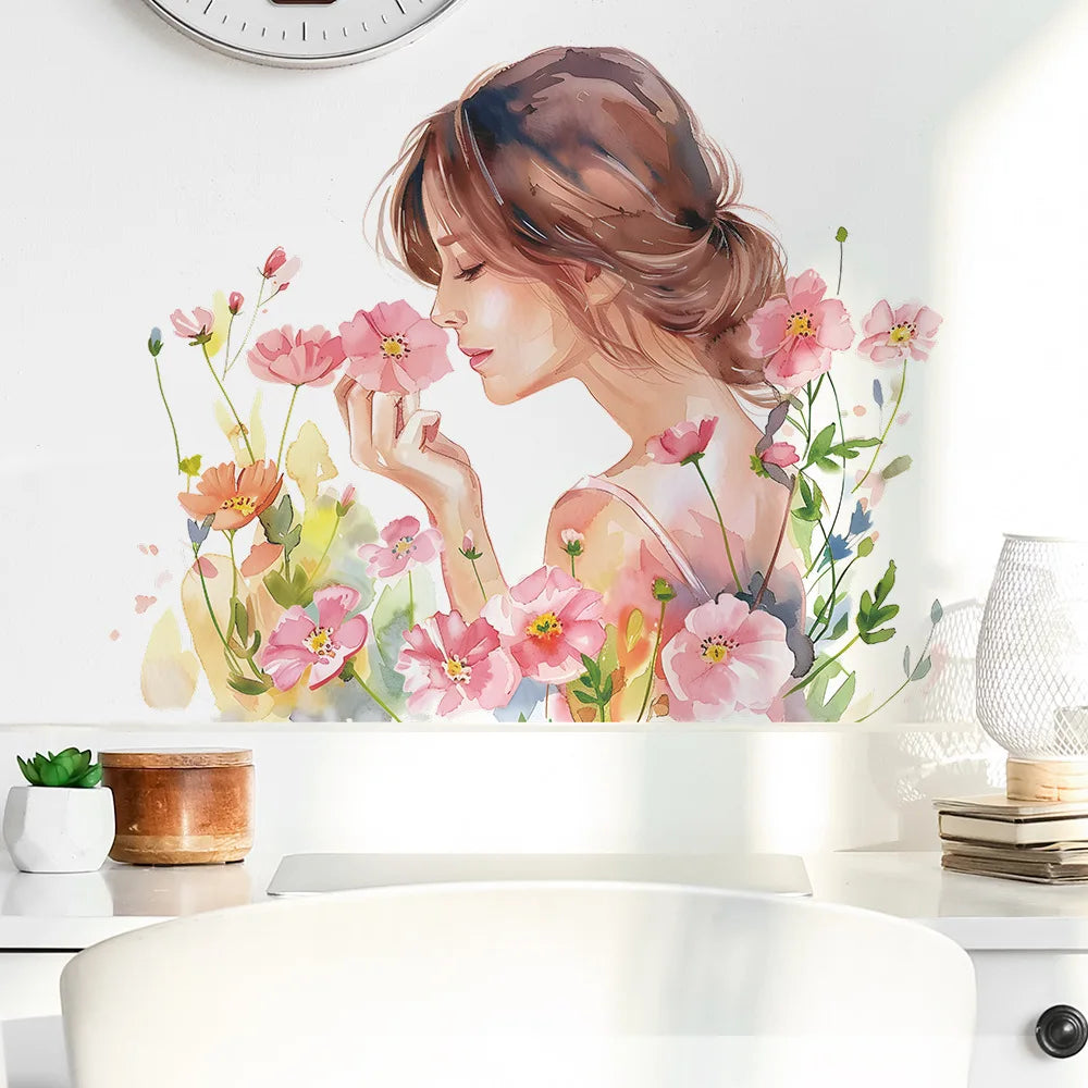 sticker mural fleurs filles peinture aquarelle adhésif moderne chambre rose blanc vert