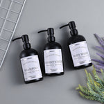 bouteilles shampooing après shampoing gel douche rechargeables transparentes marron noir blanches modernes pompes pression