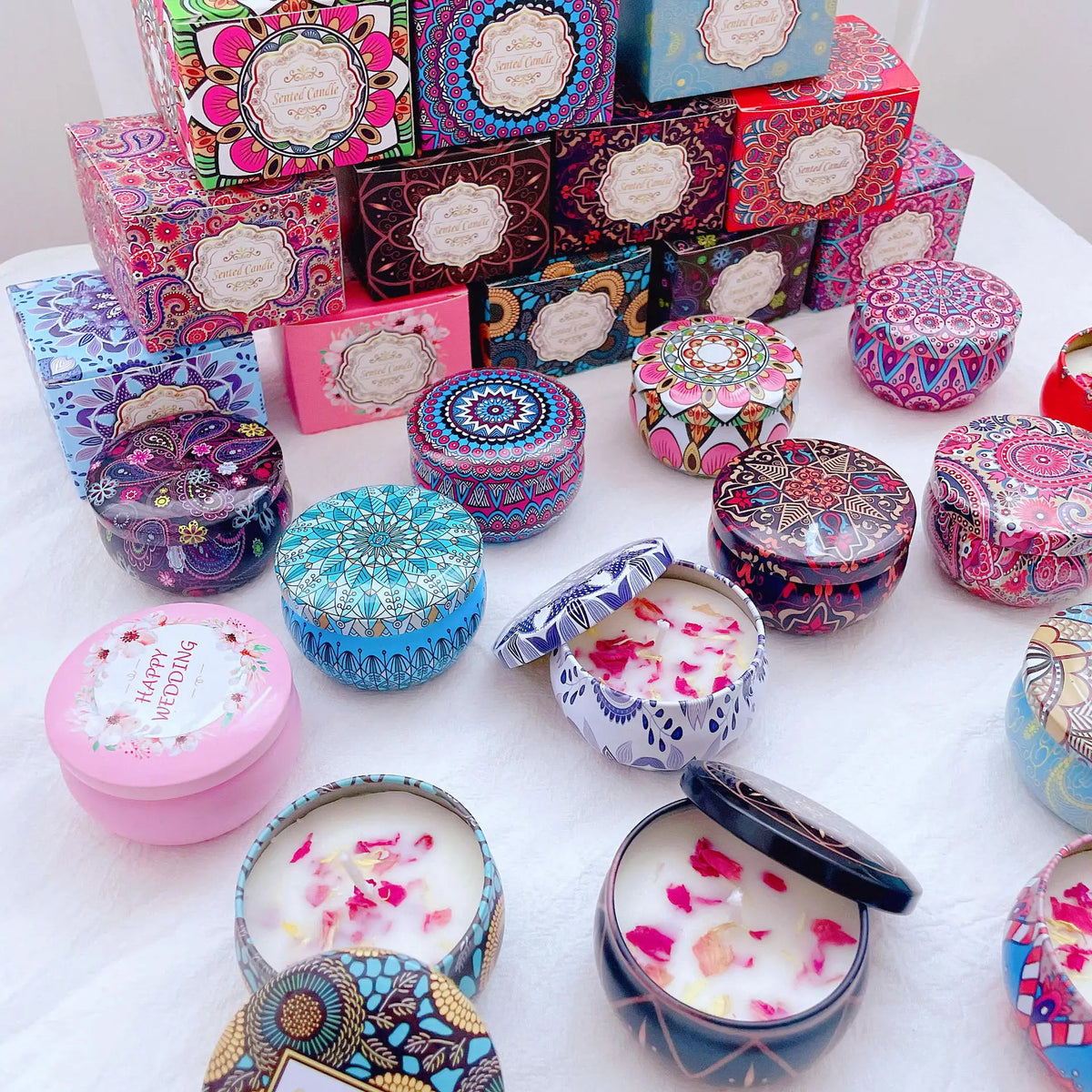 bougies parfumées cire soja parfum mandala boho chic bleu rose noir blanc aromathérapie