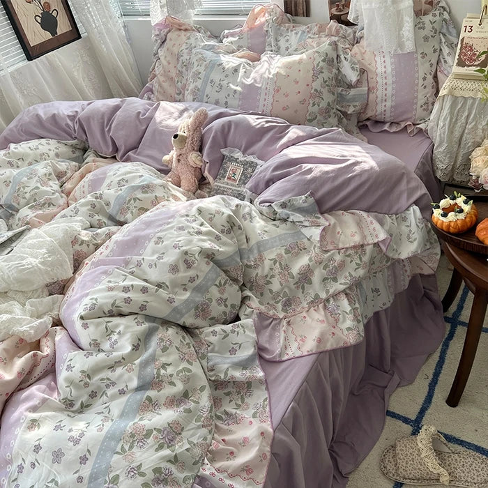 parure lit complète fleurs vintage princesse housse couette drap taies oreillers