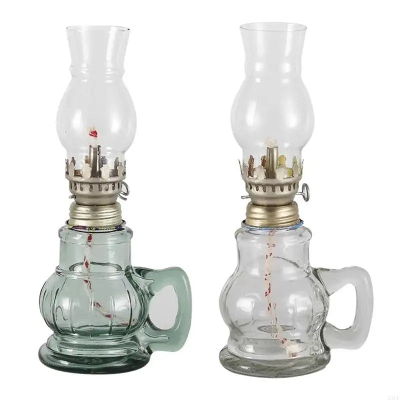 lampe huile vintage transparente vert clair motif floral rustic ambiance chaleureuse poignée base diffuseur