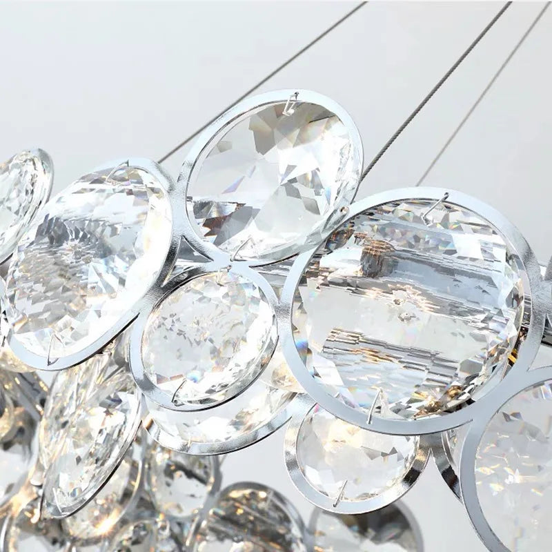 Suspension lumineuse moderne cristal transparent rond facettes chaînes métalliques salon chambre