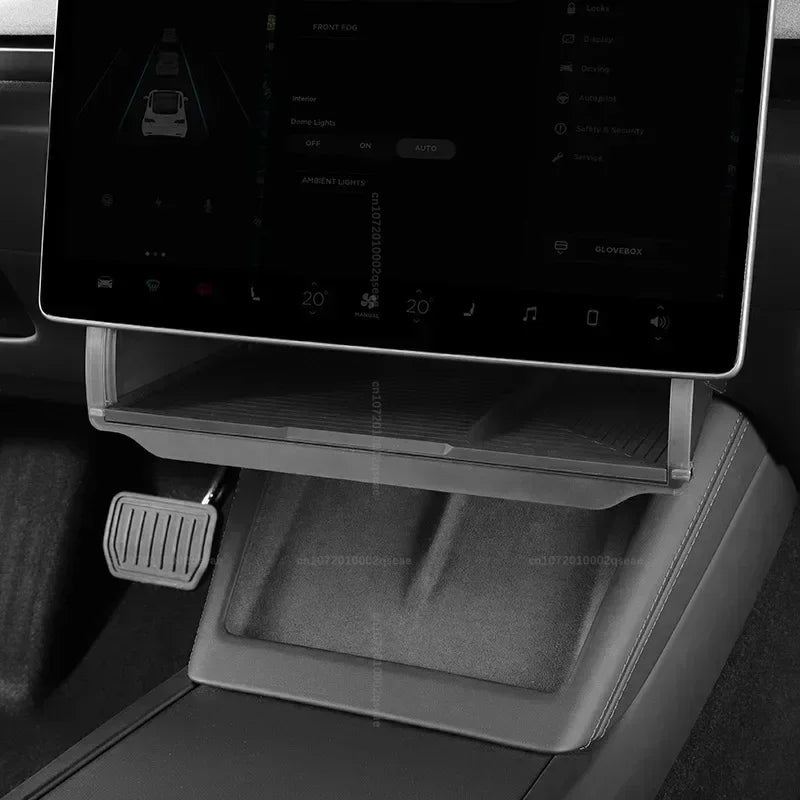 rangement caché plateau organiser feutre texturé gris noir sous écran central tesla model model