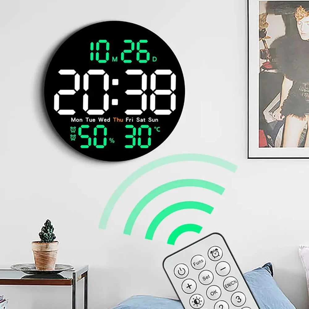 horloge murale numérique LED double alarme calendrier température humidité réglable luminosité télécommande moderne