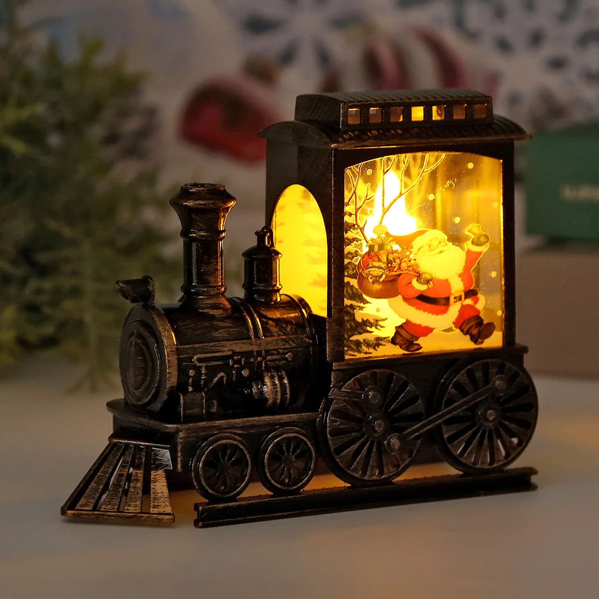 lampe décorative vintage locomotive noire personnages noël arbre flocons đèn trang trí