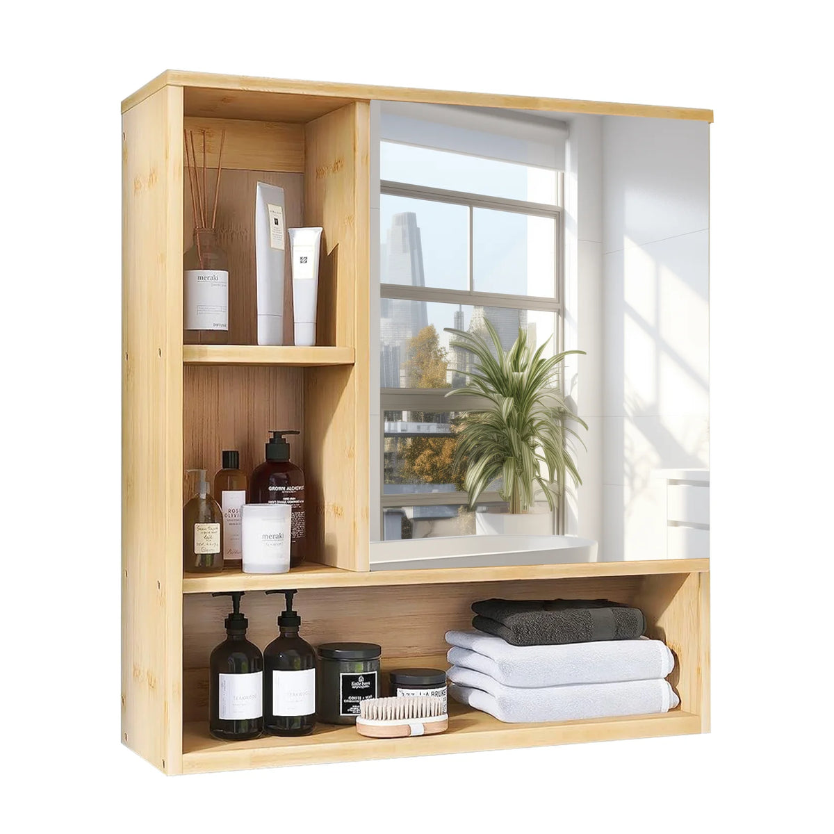 armoire murale miroir intégré étagères ajustables bois naturel moderne salle bain