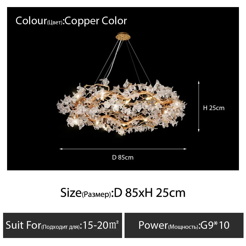 suspension lumineuse moderne dorée branches fleurs transparentes cristal haute luxure