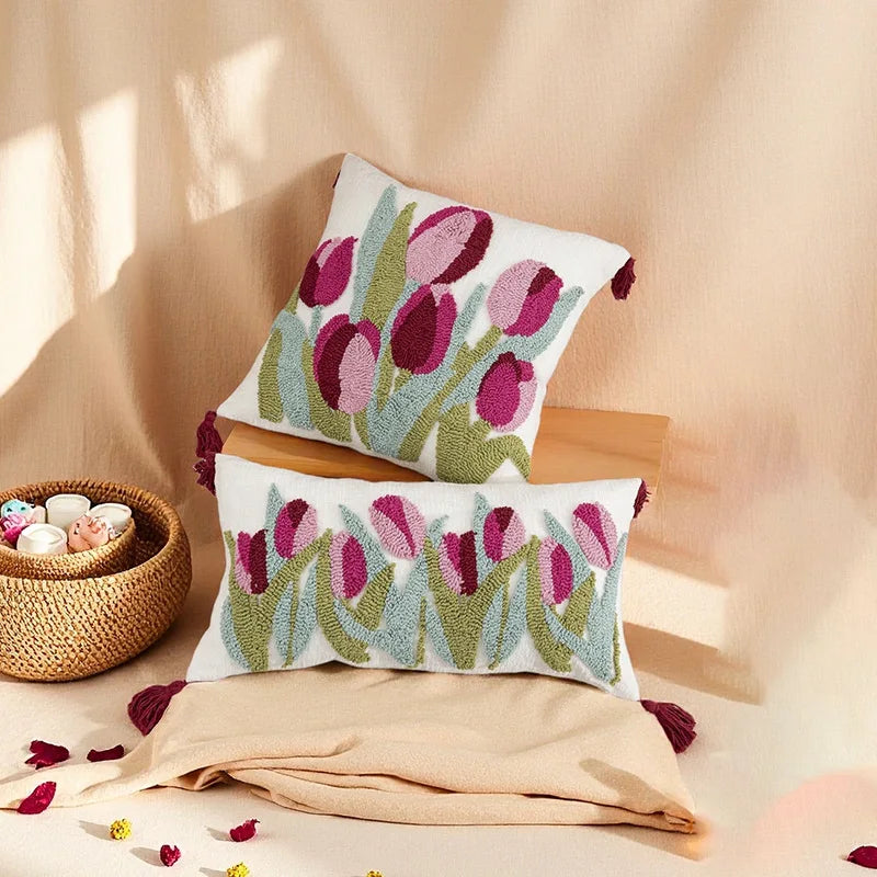 taies d'oreiller fleur tulipes rose verte adhésif tassel polyester blanc traditionnel maison respectueux environnement