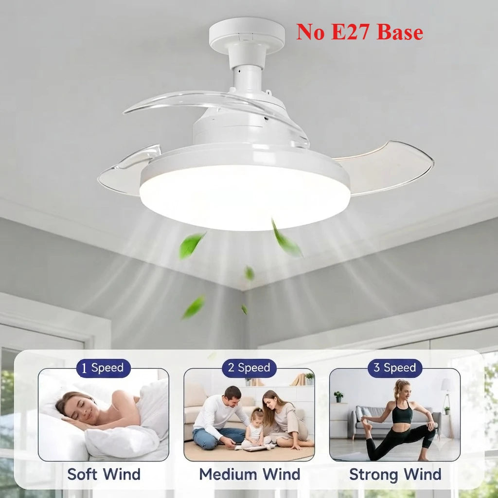 ventilateur rétractable lumière blanc moderne télécommande réglage vitesse luminosité couleur