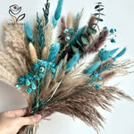 bouquet fleurs séchées naturel plumes feuilles vert bleu turquoise vase blanc décoration maison anniversaire