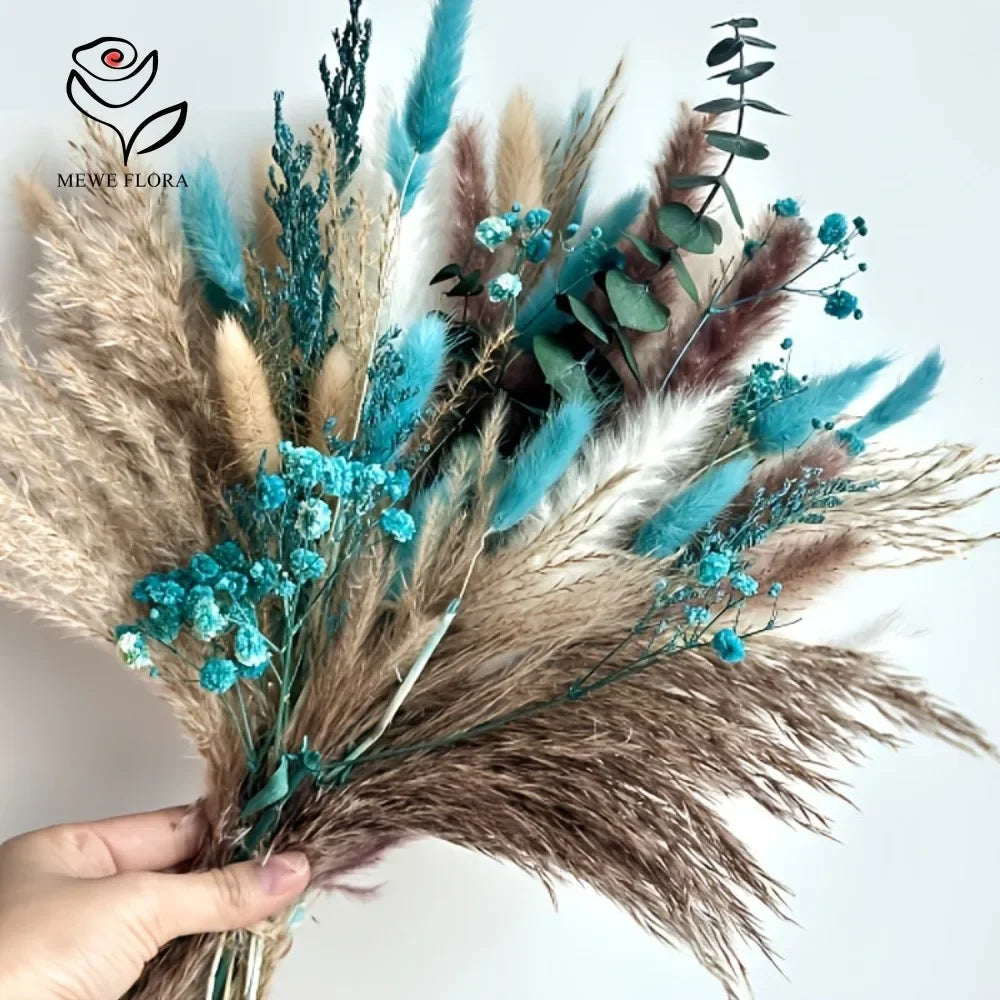 bouquet fleurs séchées naturel plumes feuilles vert bleu turquoise vase blanc décoration maison anniversaire