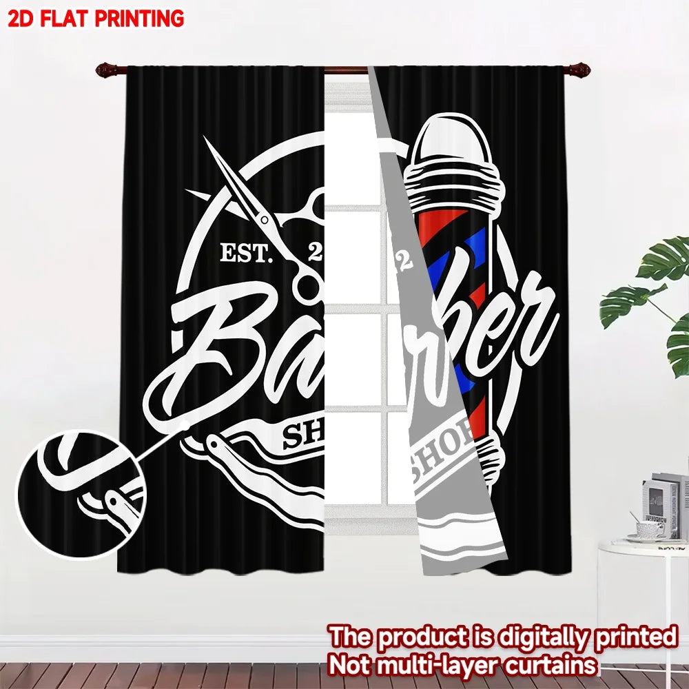 rideau noir blanc rouge bleu barbershop ciseaux pince coiffeuse polyester moderne graphique
