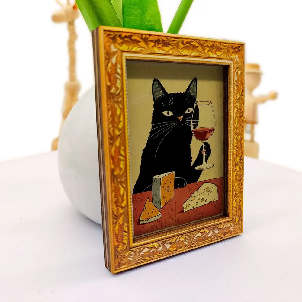 cadre photo chat noir verre vin fromage doré tableau artiste erotique chambre decoration erotique