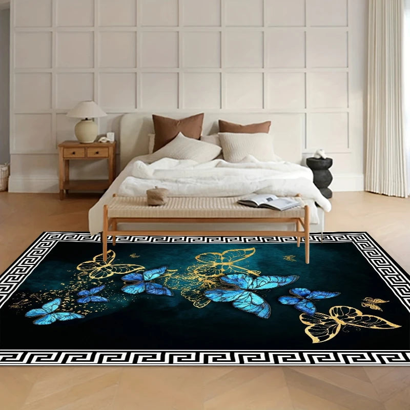 tapis moderne papillons doré bleu salon chambre motifs décoratif polyesterextérieur commercialisée lavage machine