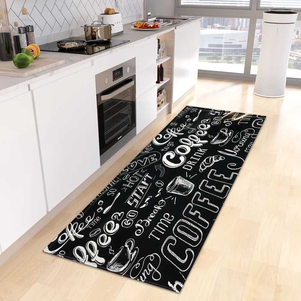 tapis cuisine rectangle motifs aliments moderne fourchettes couteaux cuillères fruits légumes