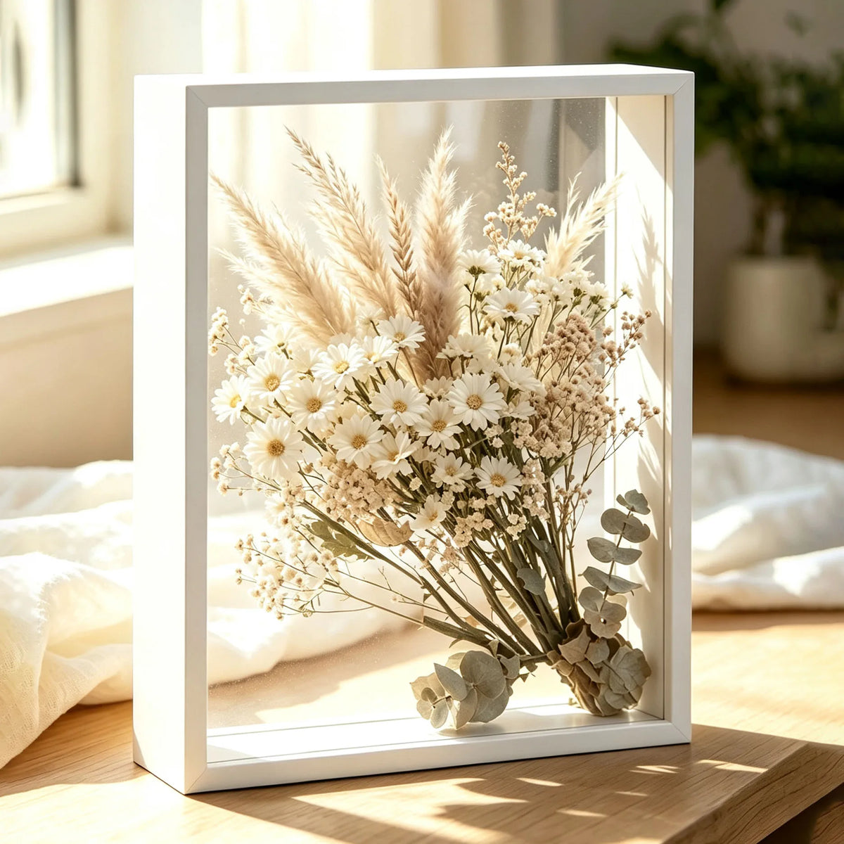 cadre bois vitre transparente fleurs sèches contemporain minimaliste rose pampas marguerites pin