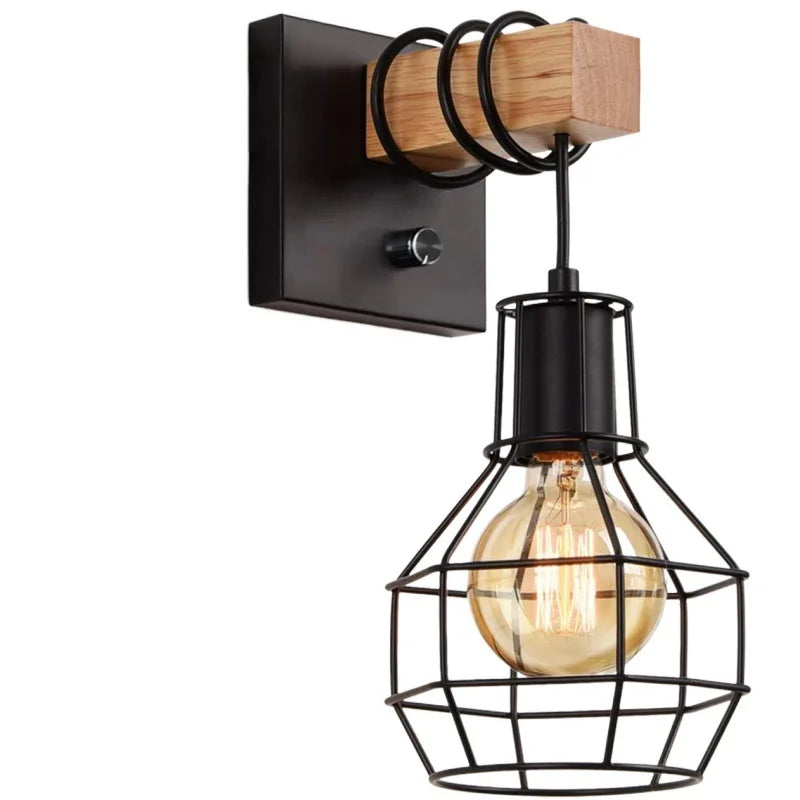 lampe murale industrielle vintage grille métallique ampoule filament noir bois naturel