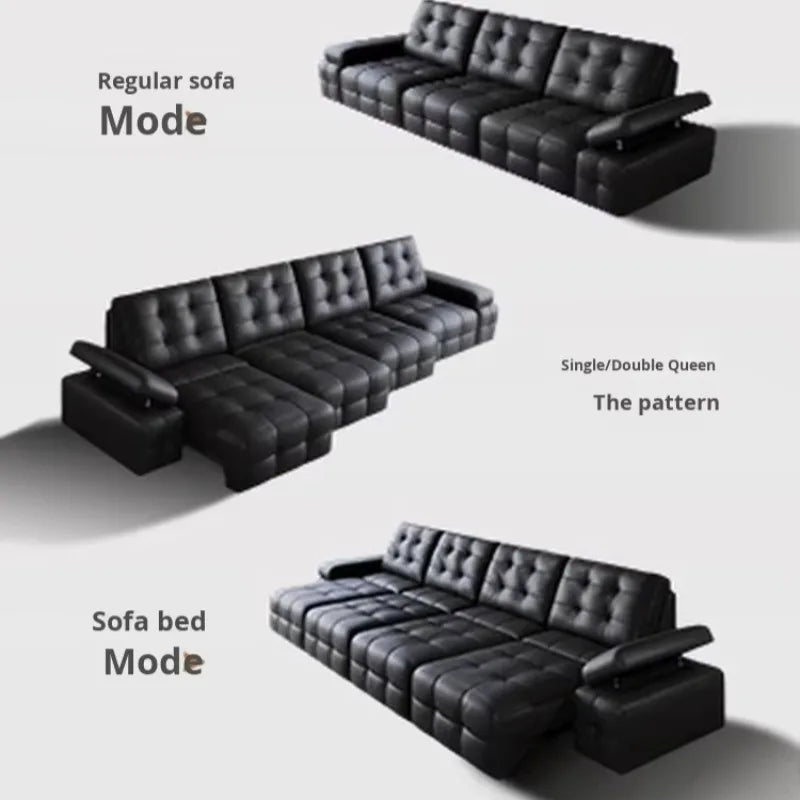 canapé d'angle moderne cuir noir boutons carrés coussins reposé pieds multifonctionnel