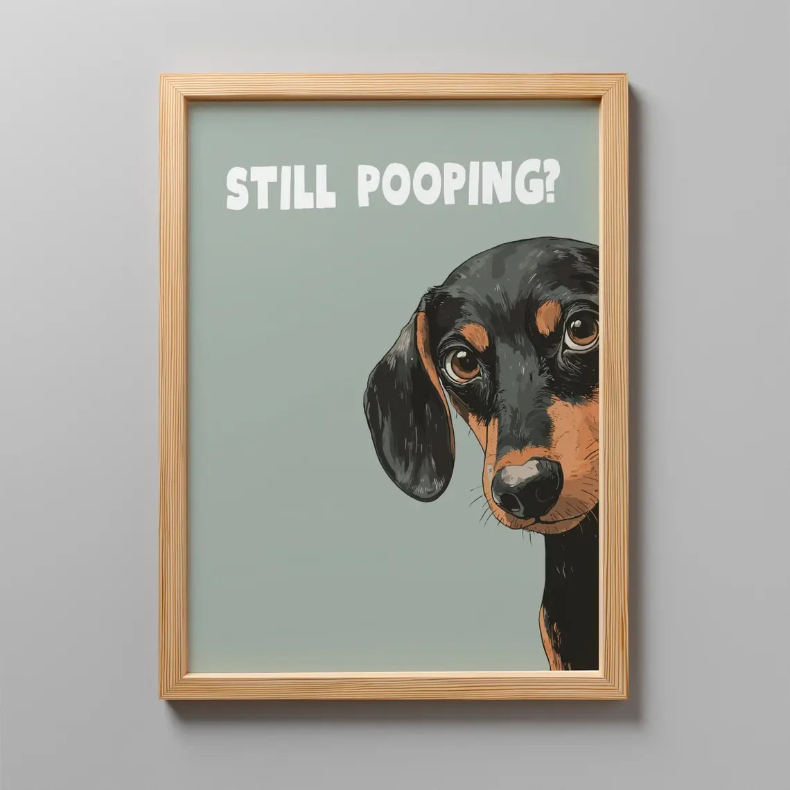 affiche encadrée chien still pooping cadre bois naturel fond vert illustration réaliste