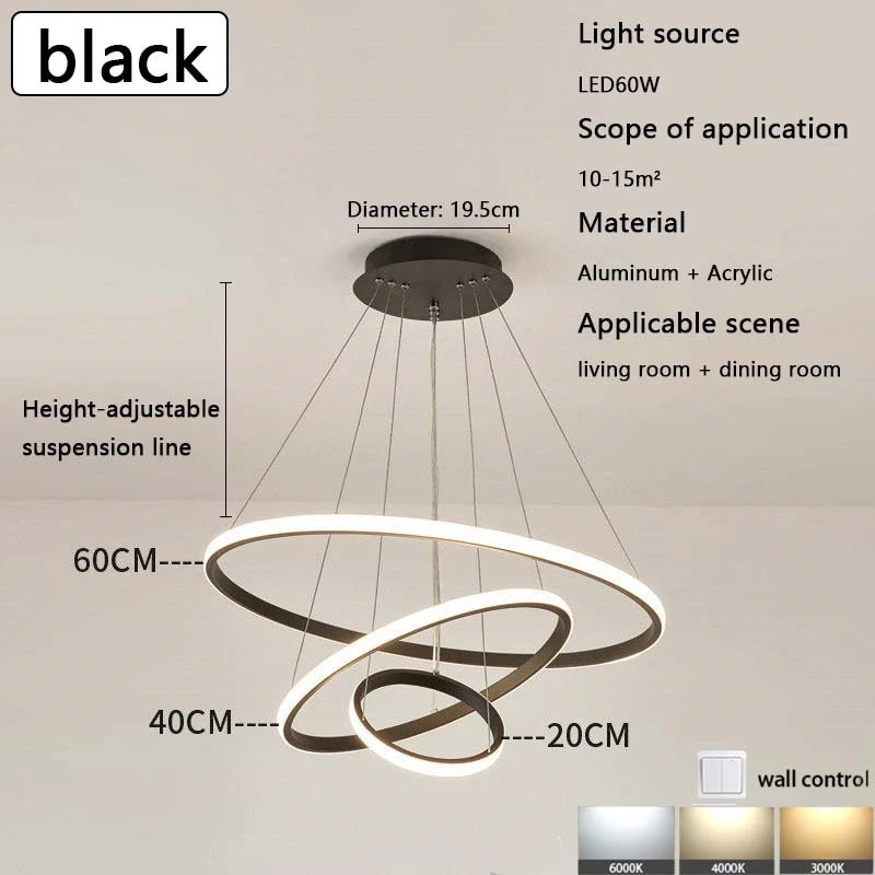 lustre moderne minimaliste suspension câbles noir or blanc concentrique led chambre salon