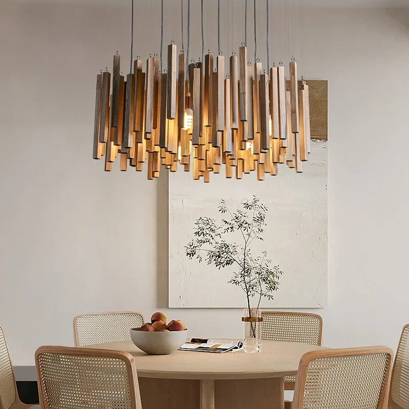 suspension lumineuse bois moderne ligne verticale marron clair finition brillante led scandinave