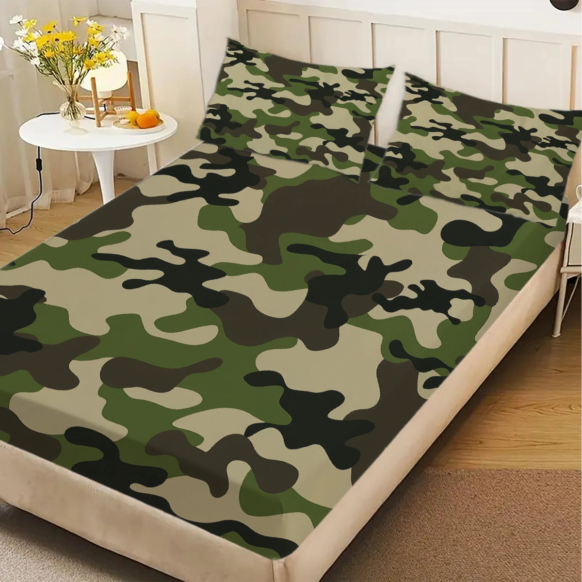 drap housse camouflage vert noir beige lit enfant moderne élastique 150x200cm polyester