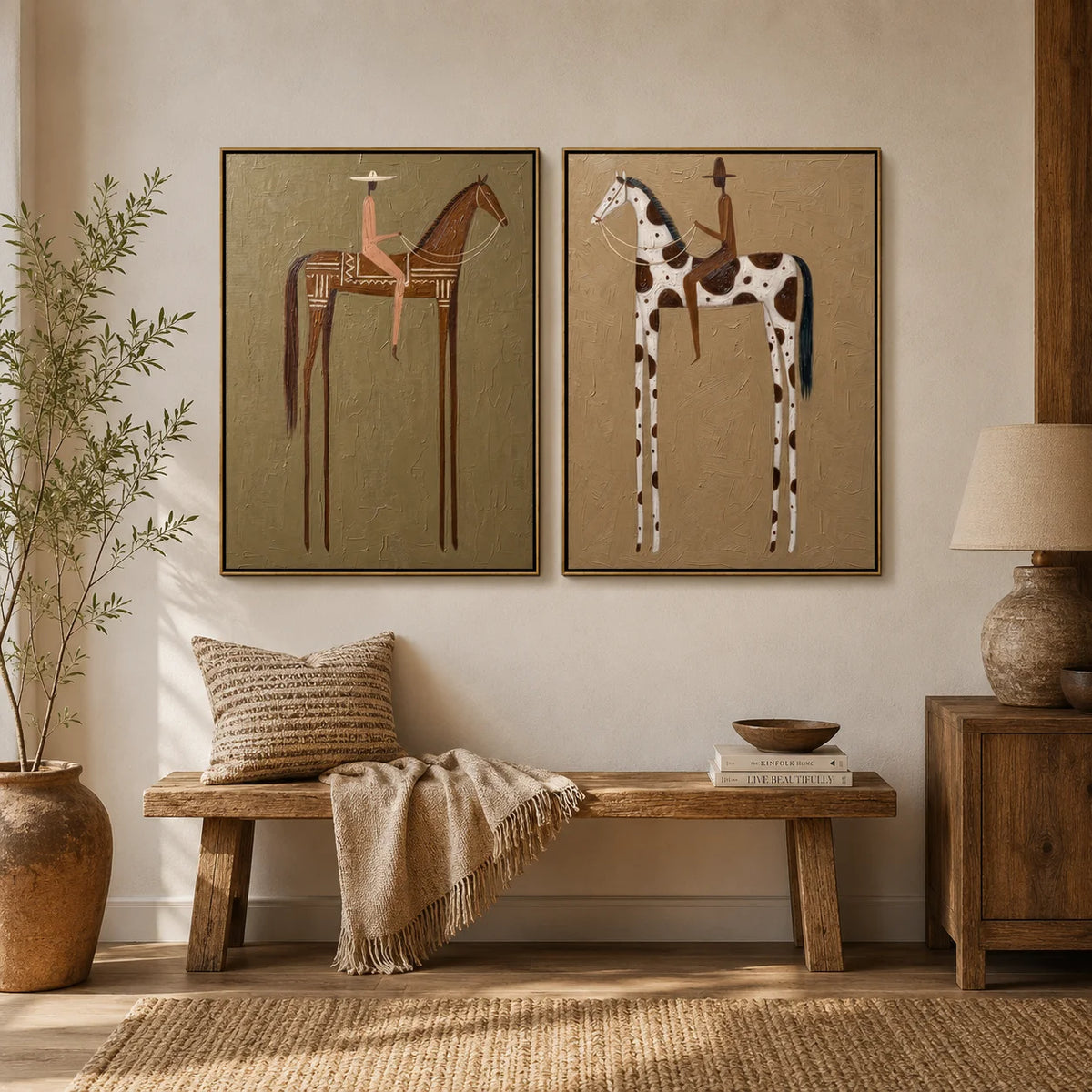 tableau moderne minimaliste chevaux stylisés motifs géométriques couleur marron beige noir blanc toile sans