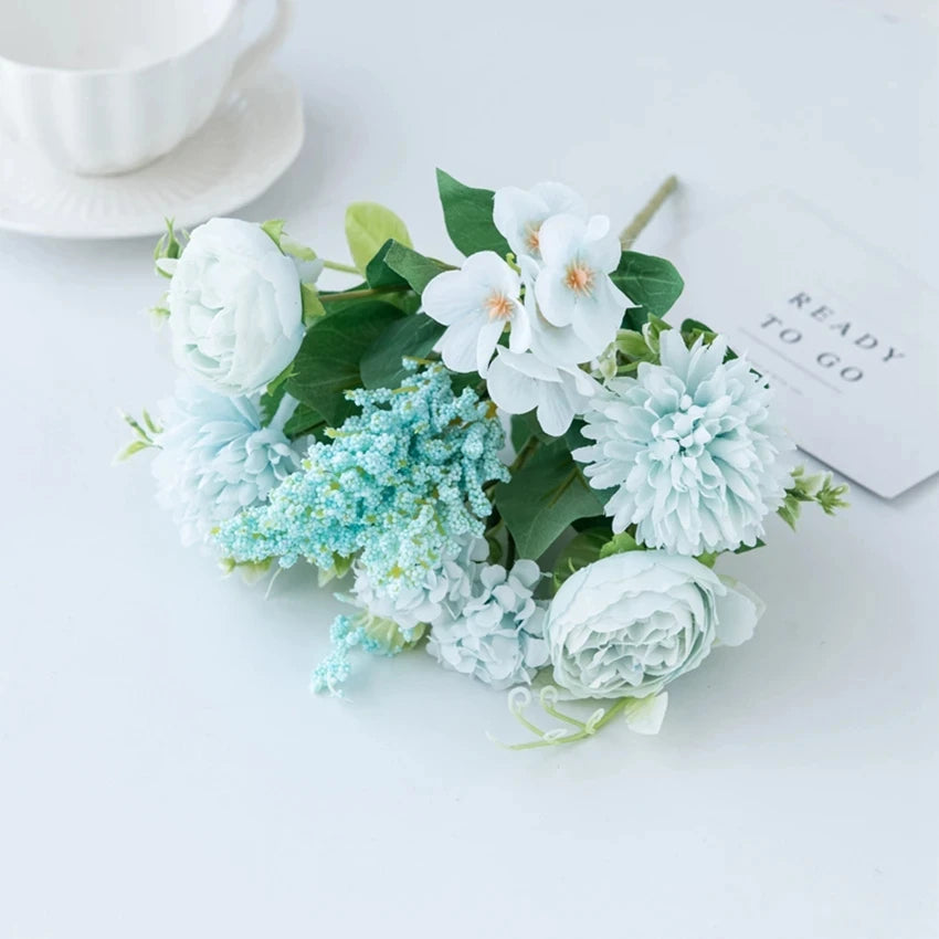 bouquet fleurs artificielles soie mariage décoration maison blanc rose bleu clair vert classiqueintérieur vase
