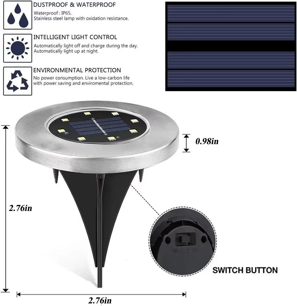 lampe solaire argentée moderne led extérieure jardin acier inoxydable commutateur
