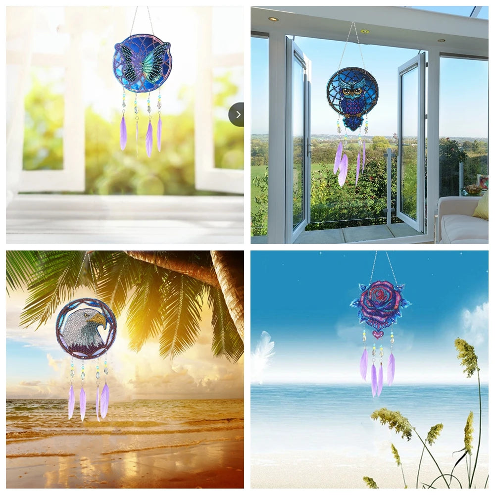 Attrape rêves oiseaux plumes bleu violet blanc ethnique décoration chambre maison