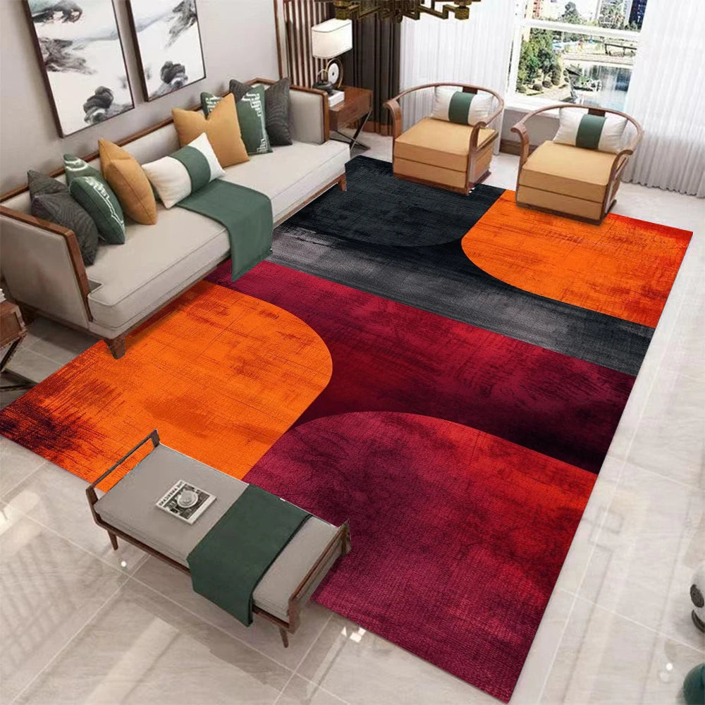 tapis abstrait géométrique moderne orange rouge noir gris vert contemporain minimaliste salon chambre