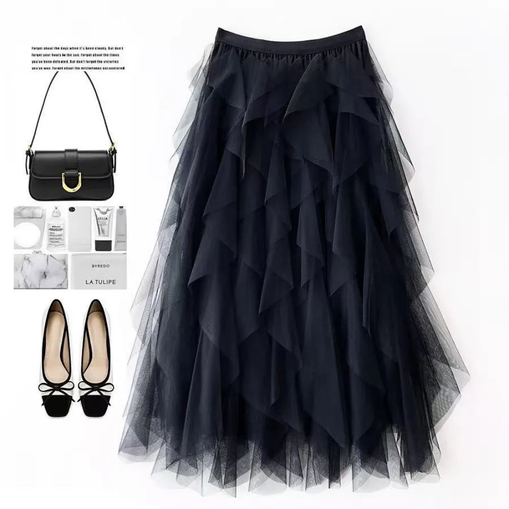 jupe tulle plissée rose noir élégante féminine asymétrique mi mollet translucide junior femme