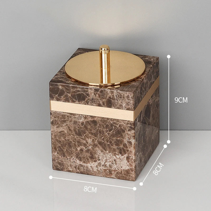 ensemble salle bain marbre moderne marron doré distributeur savon tasse brosse dents adhésif