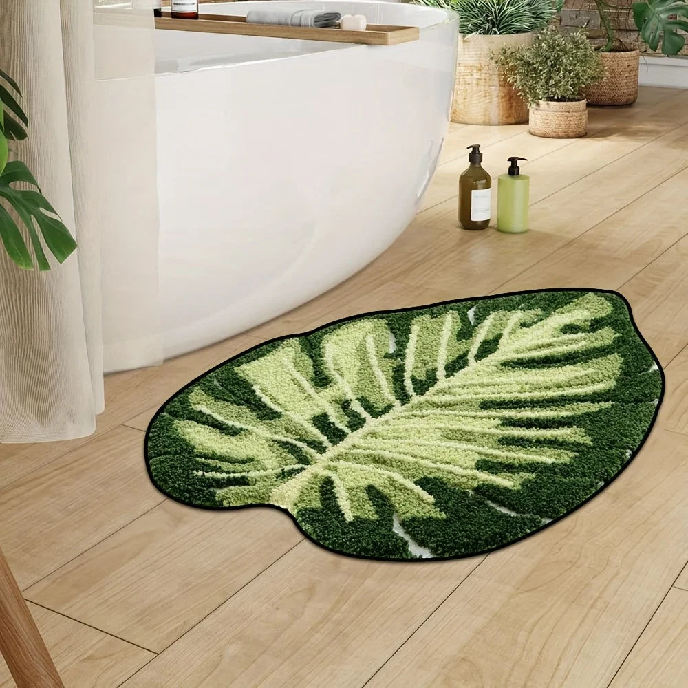 tapis bain sol salon doux polyester feuille motif naturel moderne blanc vert