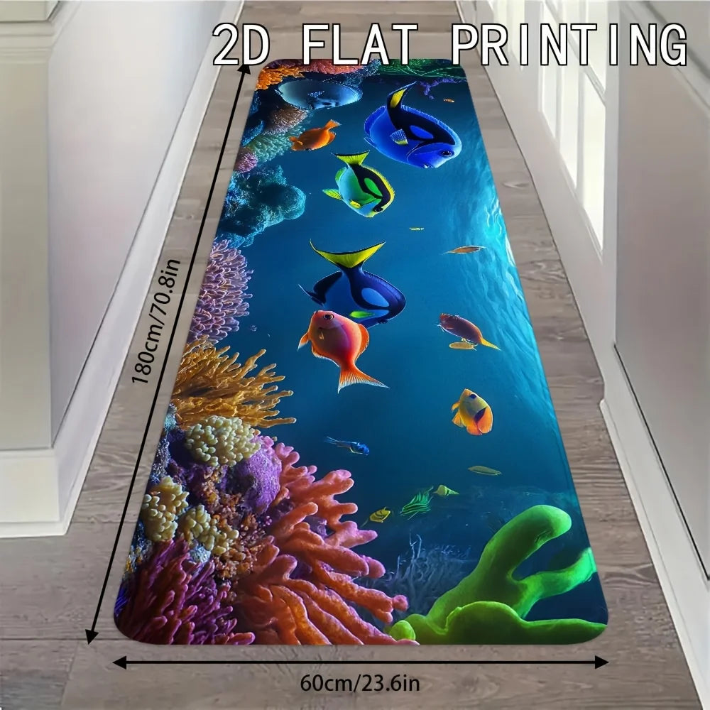 tapis bleu coraux poissons antidérapant polyester salon cuisine chambre océan décoration maison