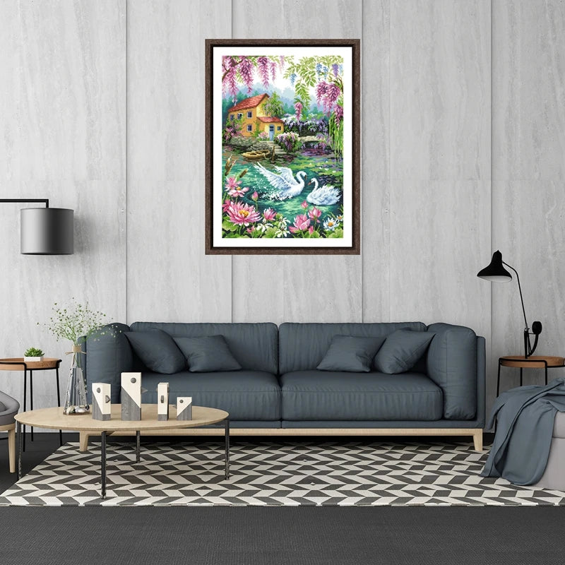 broderie paysage multicolore maison fleurs cygnes glycine toile coton fil aiguille instructions