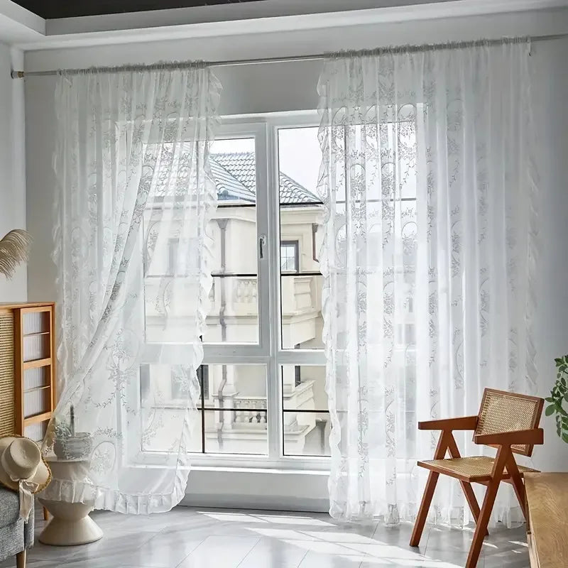 rideau floral vintage polyester translucide salon blanc vert