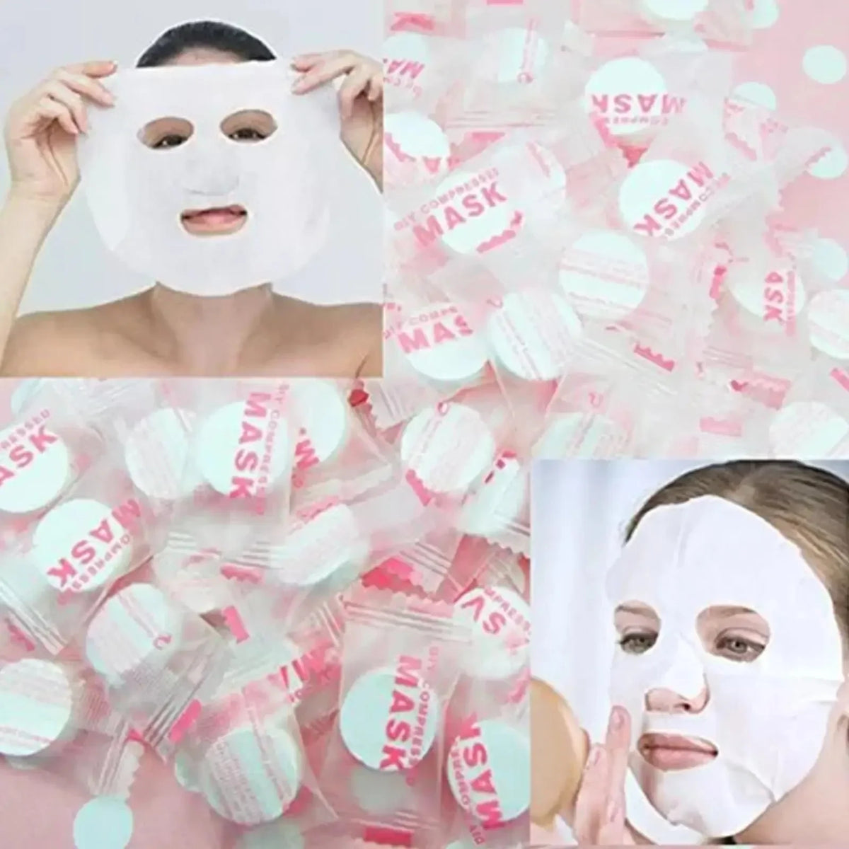 masques faciaux soins peau rose blanc texturés comprimés nettoyage beauté voyage emballages individuels semi