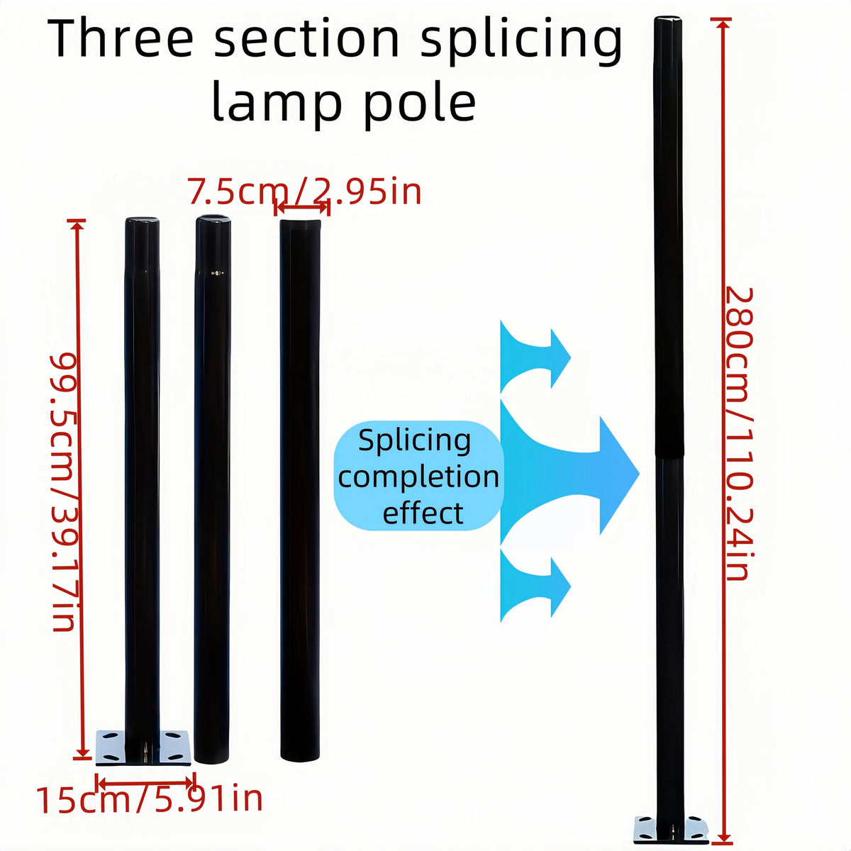 lampadaire solaire extérieur industriel fer noir divisé sections posable pied