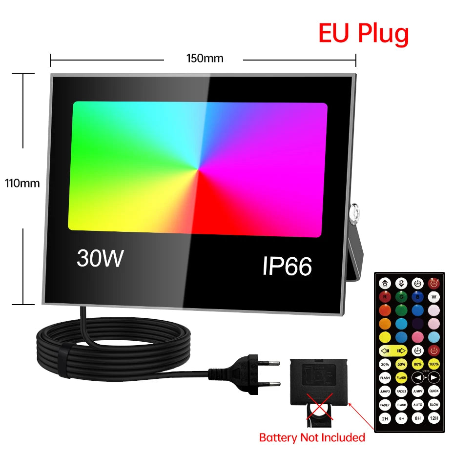 projecteur led rgb ip66 étanche extérieur télécommande réglage luminosité noir moderne