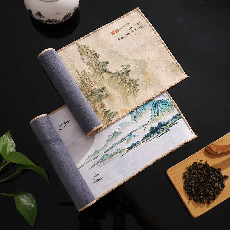 serviettes thé vert bleu beige peinture chinoise motifs floraux art traditionnel zipper cuisine