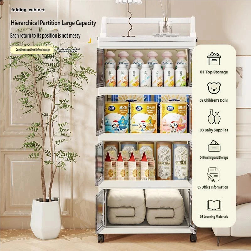 meuble rangement pliable blanc roulettes portes poignées dorées vêtements