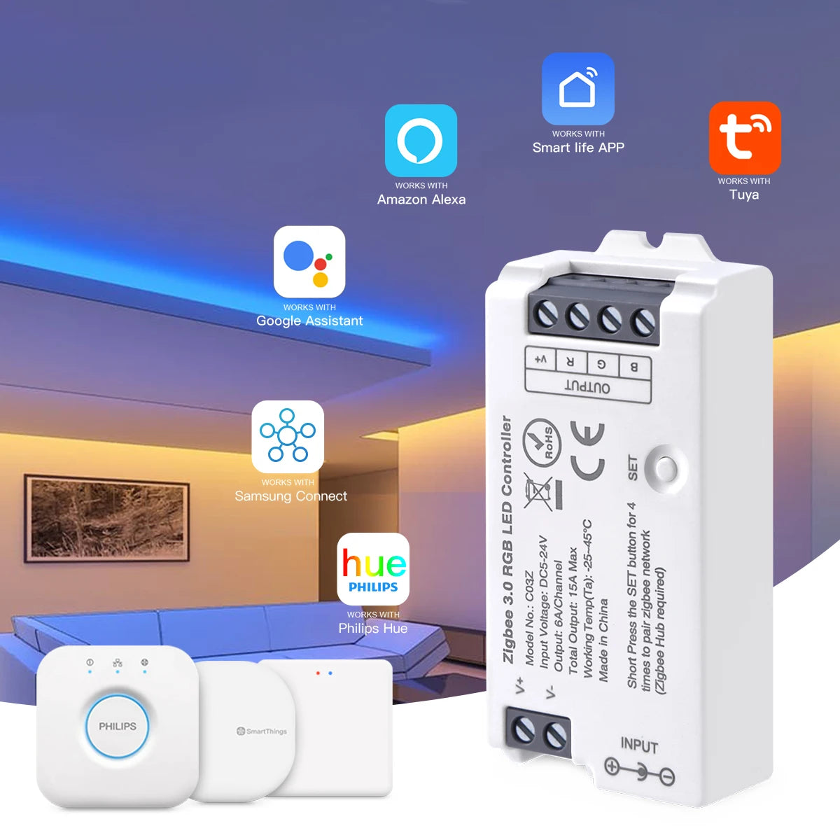 contrôleur led zigbee 3.0 wifi rgb rgbcct bande lumière ajustement luminosité télécommande application mobile