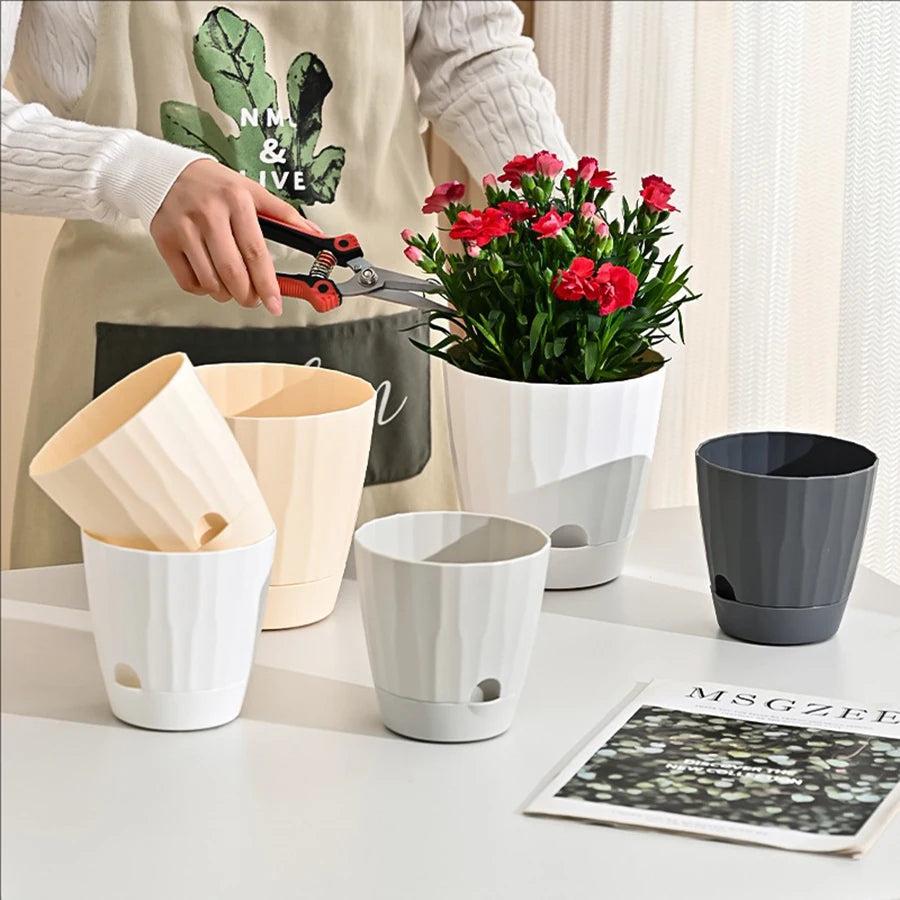 pots fleurs blancs rayures modernes balcon plante verte grille tailles résistantes auto absorbant