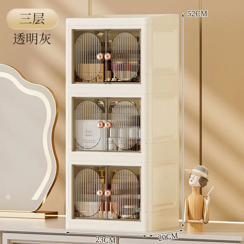 boîte rangement cosmétiques porte opaque moderne poignées dorées compartiments multiples élégante organisation produits soins