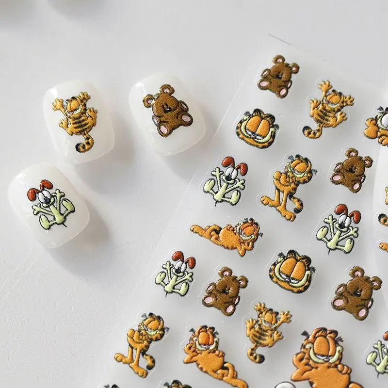 autocollants ongles garfield dessins animés orange blanc vert marron noir adhésifs cartoonaufs ongles DIY