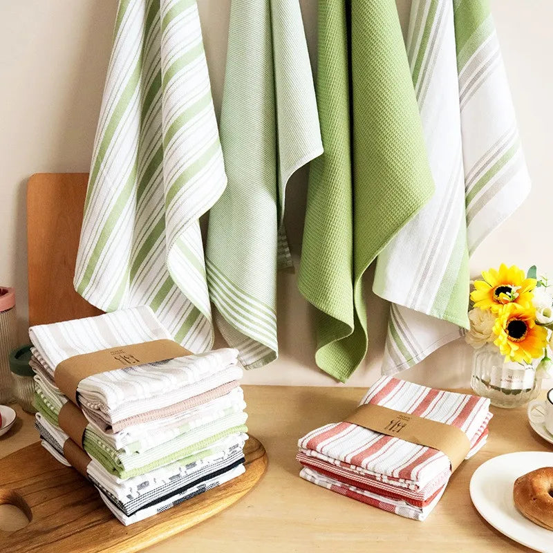 serviettes cuisine rouge vert blanc beige noir rayures horizontales absorption coton rapide moderne pack