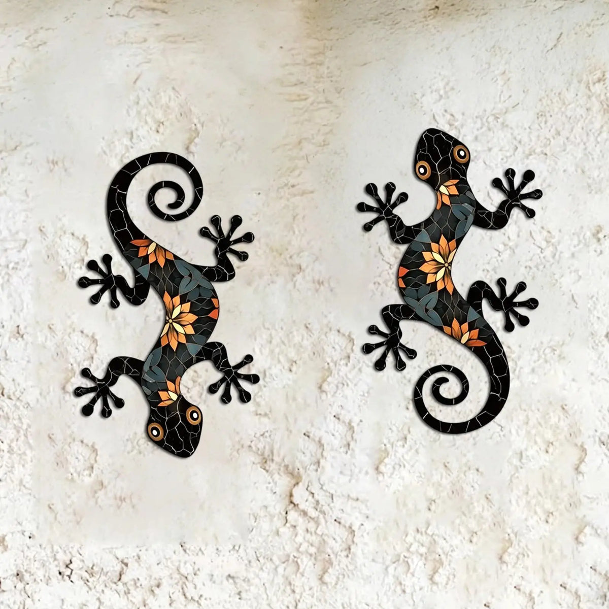 décorations murales lézards mosaïque motifs floraux noir orange artisanal extérieur intérieur deux pièces