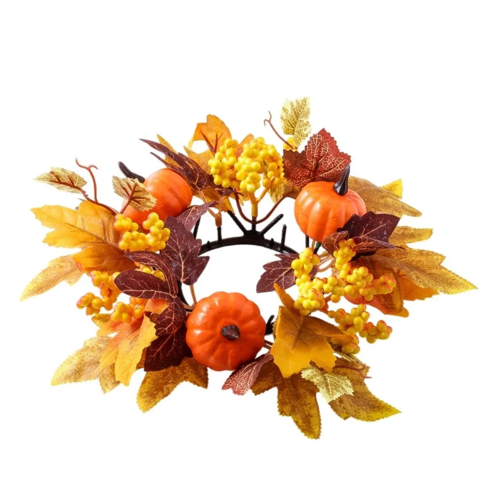 décoration automnale bougie feuilles baies citrouille orange rouge verte festive