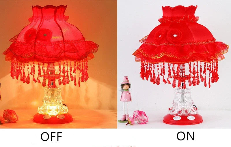 lampe table vintage rose chambre enfant abat jour dentelle interrupteur bouton led romantique chambre
